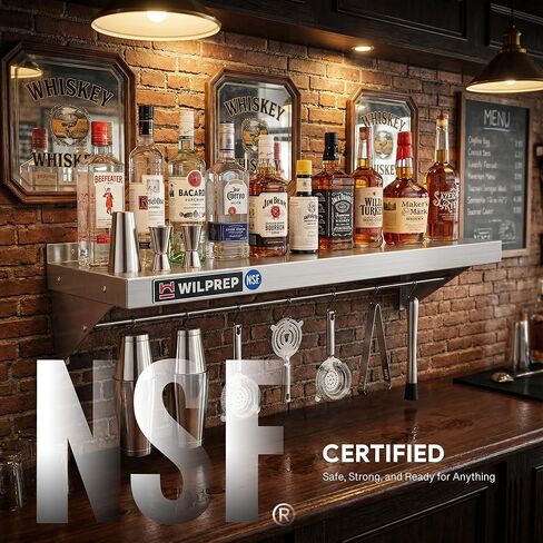 Wilprep NSF Stainless Steel Shelf, 12"x 48" Wall-Mounted Commercial Shelf for Kitchen Wall, 220lb Metal Storage Shelf with Support Brackets & 10 Hooks for Restaurant Kitchen Laundry Room Garage in Kuwait