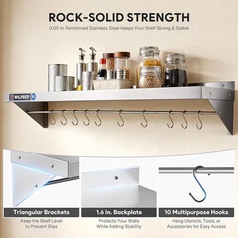 Wilprep NSF Stainless Steel Shelf, 12"x 48" Wall-Mounted Commercial Shelf for Kitchen Wall, 220lb Metal Storage Shelf with Support Brackets & 10 Hooks for Restaurant Kitchen Laundry Room Garage in Kuwait