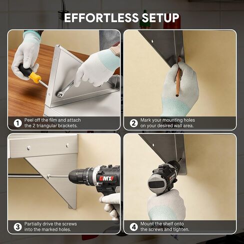 Wilprep NSF Stainless Steel Shelf, 12"x 48" Wall-Mounted Commercial Shelf for Kitchen Wall, 220lb Metal Storage Shelf with Support Brackets & 10 Hooks for Restaurant Kitchen Laundry Room Garage in Kuwait