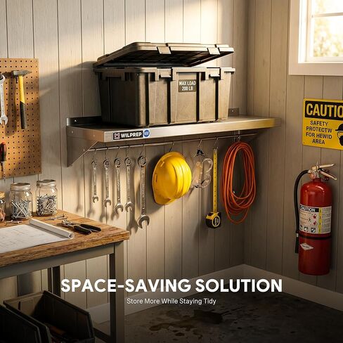 Wilprep NSF Stainless Steel Shelf, 12"x 48" Wall-Mounted Commercial Shelf for Kitchen Wall, 220lb Metal Storage Shelf with Support Brackets & 10 Hooks for Restaurant Kitchen Laundry Room Garage in Kuwait