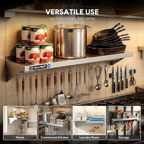 Wilprep NSF Stainless Steel Shelf, 12"x 48" Wall-Mounted Commercial Shelf for Kitchen Wall, 220lb Metal Storage Shelf with Support Brackets & 10 Hooks for Restaurant Kitchen Laundry Room Garage in Kuwait