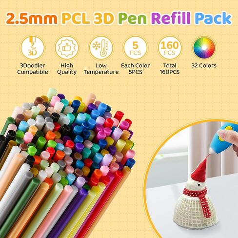 عبوة إعادة تعبئة أقلام ثلاثية الأبعاد مكونة من 32 لونًا لـ 3Doodler Start+ قلم ثلاثي الأبعاد، خيوط PCL 2.5 مم درجة حرارة طباعة منخفضة، إجمالي 160 قطعة من خيوط الطباعة ثلاثية الأبعاد متوافقة فقط مع 3Doodler Start+ in Kuwait