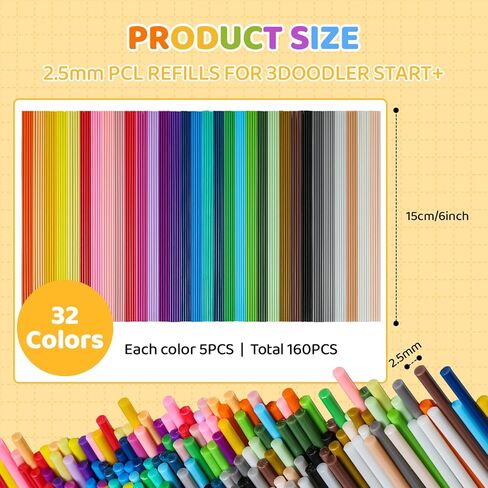 عبوة إعادة تعبئة أقلام ثلاثية الأبعاد مكونة من 32 لونًا لـ 3Doodler Start+ قلم ثلاثي الأبعاد، خيوط PCL 2.5 مم درجة حرارة طباعة منخفضة، إجمالي 160 قطعة من خيوط الطباعة ثلاثية الأبعاد متوافقة فقط مع 3Doodler Start+ in Kuwait