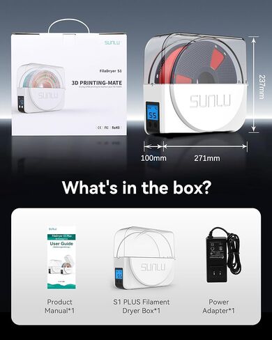SUNLU Official Filament Dryer S1 Plus, Built-in Circulation Fan, Filament Dryer Box Storage Box for 3D Printer Filament 1.75 2.85 3.00, S1 Plus White in Kuwait