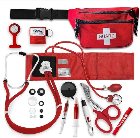 ASA TECHMED Lifeguard Fanny Pack مع مقياس ضغط الدم اللاسائلي، الكفة اليدوية لضغط الدم، سماعة الطبيب، درع الإنعاش القلبي الرئوي، مقص EMT، ساعة ممرضة وإكسسوارات، مجموعة الإسعافات الأولية الحمراء in Saudi Arabia