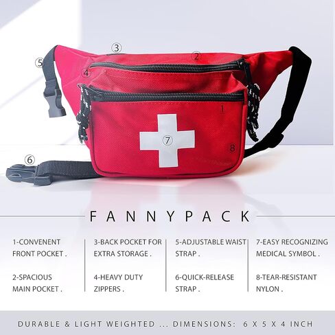 ASA TECHMED Lifeguard Fanny Pack مع مقياس ضغط الدم اللاسائلي، الكفة اليدوية لضغط الدم، سماعة الطبيب، درع الإنعاش القلبي الرئوي، مقص EMT، ساعة ممرضة وإكسسوارات، مجموعة الإسعافات الأولية الحمراء in Saudi Arabia