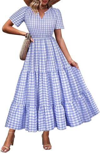 TIYOMI Women Plus Size Dress Boho V Neck Short Sleeve Beach Maxi Dresses Floral/Stripe/Leaves/Lemon XL-5XL in Kuwait
