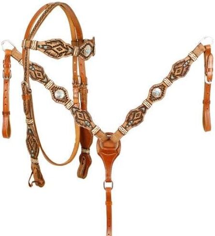 Showman Tribal Tooled Leather Headstall and Breast Collar Set w/Braided Rawhide & Turquoise Stone Accents! New Horse TACK! in Saudi Arabia