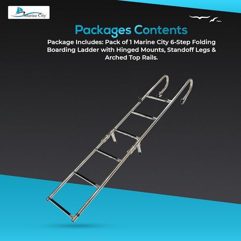 Marine City 6-Step Folding Boarding Ladder – 304 Stainless Steel, 60.2" Extended, 36.7" Stowed, with Hinged Mounts, Standoff Legs & Arched Top Rails in Saudi Arabia