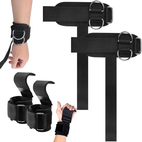 Weight Lifting Straps With Cuffed D Ring(1Pair), and Weight Lifting Hooks(1Pair) Set, Wrist Support for Men, Heavy Duty Thick Comfortable, Non-slip, Enhanced Grip, Straps for Weightlifting & Training in Kuwait