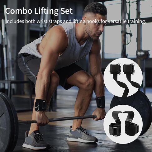 Weight Lifting Straps With Cuffed D Ring(1Pair), and Weight Lifting Hooks(1Pair) Set, Wrist Support for Men, Heavy Duty Thick Comfortable, Non-slip, Enhanced Grip, Straps for Weightlifting & Training in Kuwait