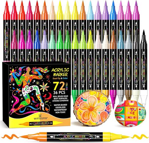 72 Colors Dual Tip Acrylic Paint Pens Markers, 36 Set Permanent Acrylic Paint Pens, Waterproof, Quick-Dry, Ideal for Rock Painting, Canvas, Glass, Wood, Ceramic, DIY Crafts & Art Supplies in Kuwait