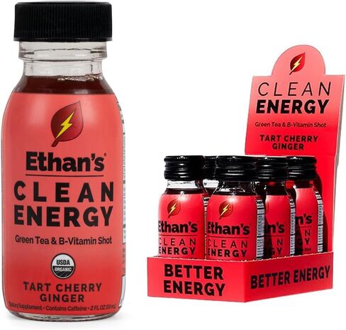 Ethan's Organic Clean Energy Shots Tart Cherry Ginger, 6 Pack of 2oz | 150mg Caffeine | Green Tea, Guayusa, Lion's Mane & Cordyceps | Sugar-Free, Vegan, Gluten-Free, USDA Organic in Saudi Arabia