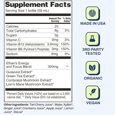 Ethan's Organic Clean Energy Shots Tart Cherry Ginger, 6 Pack of 2oz | 150mg Caffeine | Green Tea, Guayusa, Lion's Mane & Cordyceps | Sugar-Free, Vegan, Gluten-Free, USDA Organic in Saudi Arabia
