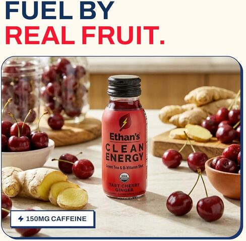 Ethan's Organic Clean Energy Shots Tart Cherry Ginger, 6 Pack of 2oz | 150mg Caffeine | Green Tea, Guayusa, Lion's Mane & Cordyceps | Sugar-Free, Vegan, Gluten-Free, USDA Organic in Saudi Arabia