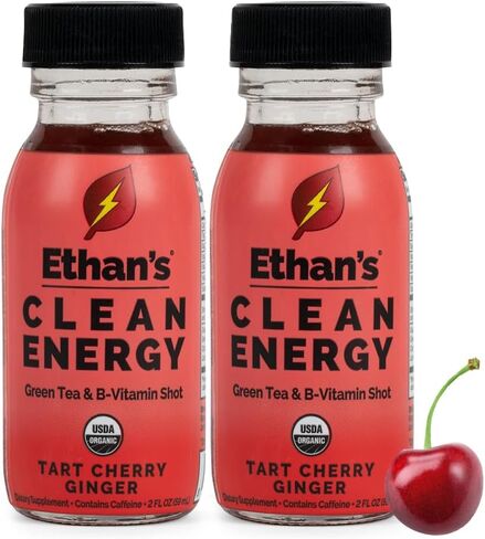 Ethan's Organic Clean Energy Shots Tart Cherry Ginger, 6 Pack of 2oz | 150mg Caffeine | Green Tea, Guayusa, Lion's Mane & Cordyceps | Sugar-Free, Vegan, Gluten-Free, USDA Organic in Saudi Arabia