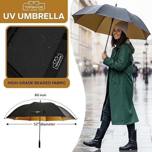 مظلة جولف مقاس 60 بوصة - مظلة واحدة كبيرة بقطر 52 بوصة، إطار من الألياف الزجاجية المقاومة للرياح، حماية ذهبية من الأشعة فوق البنفسجية، فتح تلقائي - أسود/ذهبي in Kuwait