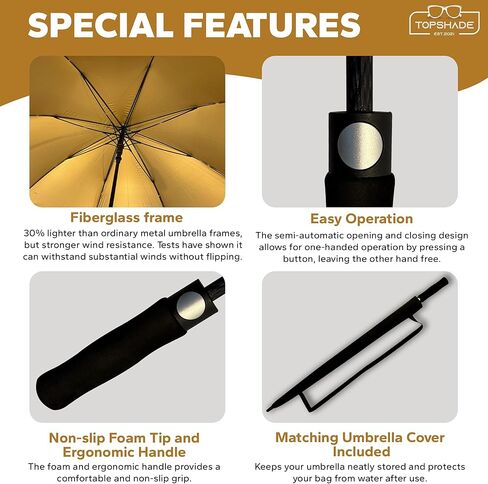 مظلة جولف مقاس 60 بوصة - مظلة واحدة كبيرة بقطر 52 بوصة، إطار من الألياف الزجاجية المقاومة للرياح، حماية ذهبية من الأشعة فوق البنفسجية، فتح تلقائي - أسود/ذهبي in Kuwait