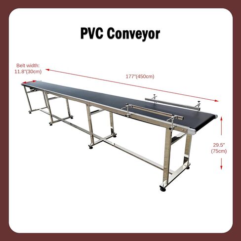 PVC Flat Conveyor Length 177inch Adjustable Speed 110V 370W Max Load Capacity 50KG Black PVC Belt Dual Guard Rail Stainless Steel Body for Warehouse Transport in Saudi Arabia