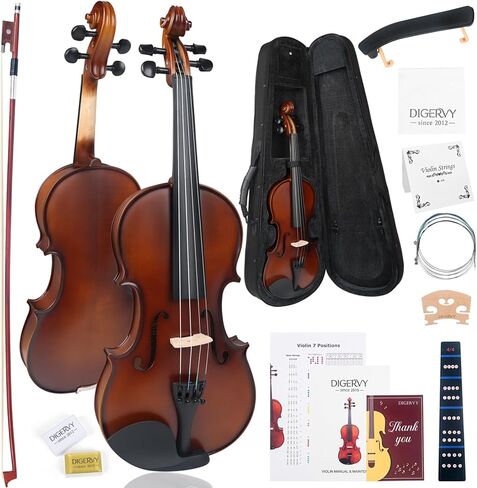 طقم كمان 4/4 بالحجم الكامل، مجموعة كمان صوتي من الخشب الصلب للمبتدئين من الطلاب البالغين والأطفال في سن المراهقة مع علبة كمان، قوس من خشب الورد، صنوبري، مسند للكتف، أوتار إضافية وجسر (بني، كامل) in Kuwait