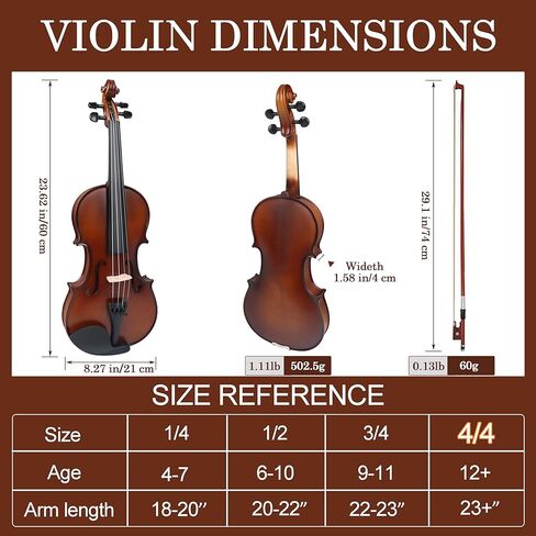 طقم كمان 4/4 بالحجم الكامل، مجموعة كمان صوتي من الخشب الصلب للمبتدئين من الطلاب البالغين والأطفال في سن المراهقة مع علبة كمان، قوس من خشب الورد، صنوبري، مسند للكتف، أوتار إضافية وجسر (بني، كامل) in Kuwait