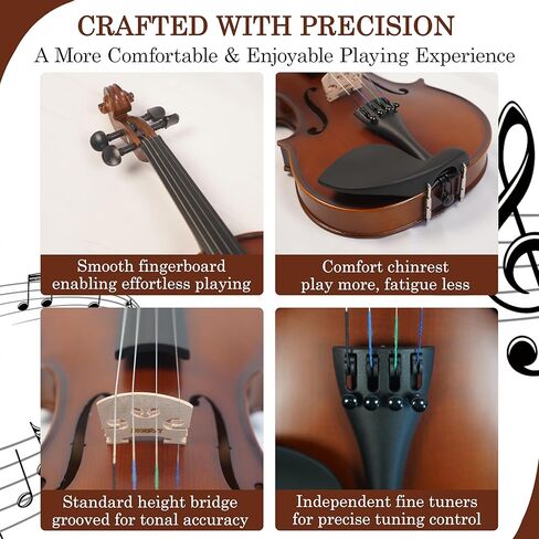 طقم كمان 4/4 بالحجم الكامل، مجموعة كمان صوتي من الخشب الصلب للمبتدئين من الطلاب البالغين والأطفال في سن المراهقة مع علبة كمان، قوس من خشب الورد، صنوبري، مسند للكتف، أوتار إضافية وجسر (بني، كامل) in Kuwait