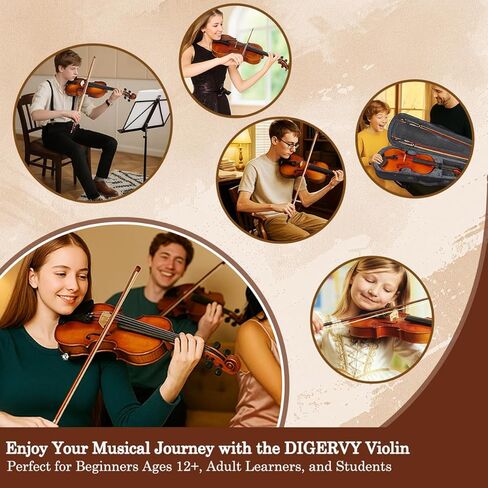 طقم كمان 4/4 بالحجم الكامل، مجموعة كمان صوتي من الخشب الصلب للمبتدئين من الطلاب البالغين والأطفال في سن المراهقة مع علبة كمان، قوس من خشب الورد، صنوبري، مسند للكتف، أوتار إضافية وجسر (بني، كامل) in Kuwait