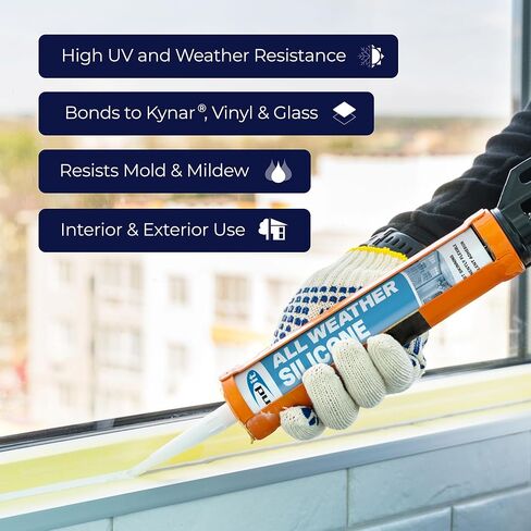 سيليكون Bond It All Weather، مانع تسرب ممتاز للنوافذ والأبواب، مانع تسرب سيليكون مقاوم للماء، مرن بشكل دائم، رائحة منخفضة، علاج محايد، استخدام داخلي وخارجي، 10 أونصة، أبيض in Kuwait