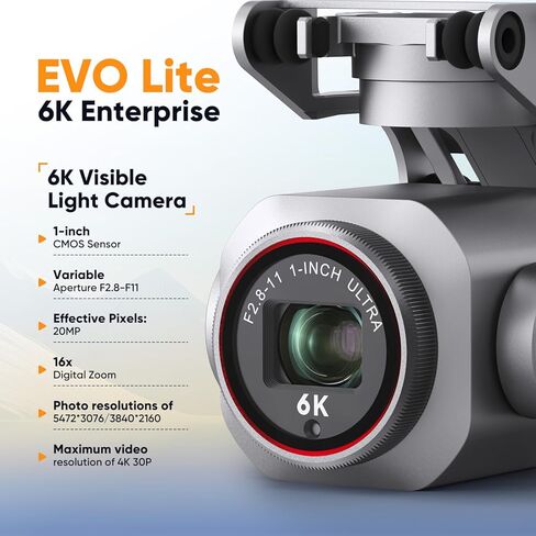Autel Robotics EVO Lite 6K Enterprise، 1 بوصة CMOS 6K C-amera، فتحة F2.8 ~ F11، تكبير رقمي 16x، التعرف على الهدف 2026 AI، 866 جرام، 40 دقيقة، استشعار العوائق، ناقل حركة 12 كيلومتر in Saudi Arabia