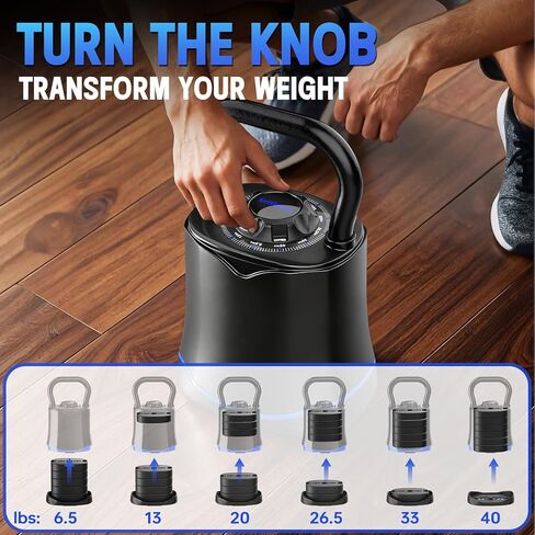 Adjustable Kettlebell，6-in-1 Quick Change Adjustable Kettlebell Set (6.5-40 LBS) for Home Gym - Space-Saving Design with Scratch-Resistant Rubber Base to Protect Floors, Two-Way Rotating Handle for Full Body Workouts in Kuwait