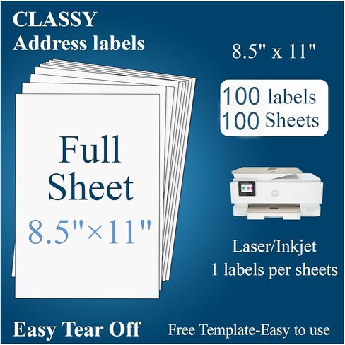 (100 Sheets, 100 Labels) Sticker Paper, 8.5" x 11" Full Sheet Shipping Address Labels, 1 Per Page Self Adhesive Mailing Label for Laser and Inkjet Printers in Kuwait