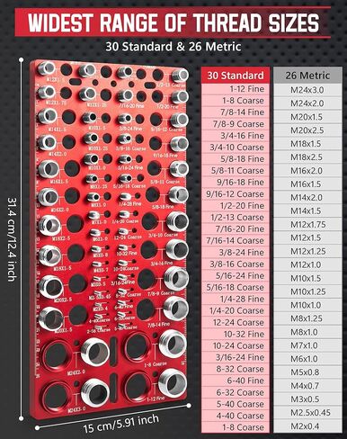 مدقق 56 خيط، VEXTHYX 30 قياسي و26 مقياس صامولة ومسمار متري، SAE ومكتشف حجم المسمار المتري لقياس مقياس المسمار، أداة تحديد خيط المسمار القابلة للتركيب على الحائط مع مسطرة بوصة وسم in Kuwait