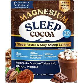 Mushroom Hot Cocoa Powder with Magnesium Glycinate, Natural Sleep Aid with Reishi & L-Theanine for Adults, 12 Superfoods, Melatonin 3mg, Unsweetened Hot Chocolate Drink Mix for Sleep, 30 Servings in Kuwait
