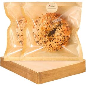 100 Pack Bagel Bags with Seal, 7.1 x 7.5 Inch Paper Bakery Bags with Window, Heat Sealable & Grease Resistant To Go Bags Individual Cookie Packaging for Donut, Treat, Bagel, Snack in Kuwait