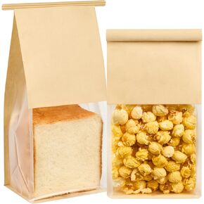 Ocmoiy 50 Pack Cookie Bags with Window, 5.1x3.9x11 Inches Tin Tie Tab Lock Bakery Packaging Bag, Resealable Paper Pastry Bags for Bagels, Popcorn, Treat in Kuwait