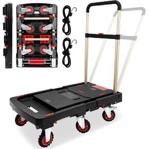 عربة يدوية قابلة للطي بسعة 600 رطل للخدمة الشاقة مع عجلة فرامل، منصة ومقبض قابلان للسحب، مقبض إسفنجي، عربة دوللي محمولة للأمتعة والتخييم والتسليم والتخزين in Kuwait