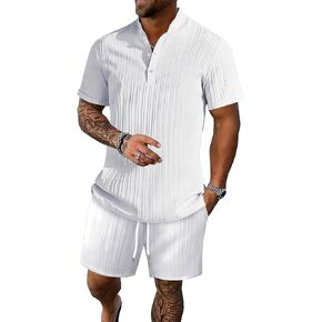 ملابس الشاطئ الصيفية للرجال من Bealin مكونة من قطعتين قمصان وشورتات هينلي بأكمام قصيرة عتيقة أطقم ملمس للعطلات in Kuwait