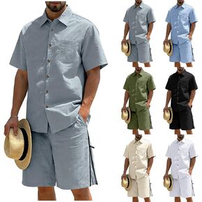 Mens 2 Piece Outfit Short Sleeve Button Down Shirts and Drawstring Beach Shorts Set Casual Summer Tracksuit with Pocket in Kuwait
