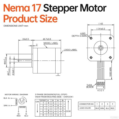 Nema 17 Stepper Motor 2 Phase 1.8‌°‌ 0.6Nm(84.97oz·in) High Torque Bipolar 47mm 1.6Ω 2.3A 4-Wire Shaft 24mm φ5mm 42 Stepper Motor Cable 1M for 3D Printer DIY Robot CNC Machine in Kuwait