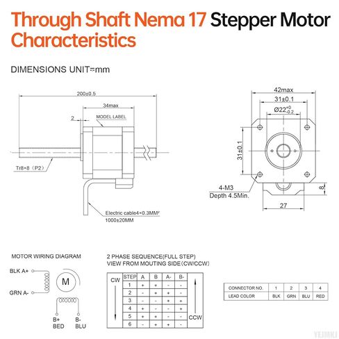Through Shaft Nema 17 Stepper Motor TR8x8 200mm 2 Phase 1.8‌°‌ High Torque 0.3Nm(42.48oz·in) Bipolar 1.5A 2.7Ω 34mm 42 Step Motor with T8 200mm Cable 1M for 3D Printer DIY Robot CNC in Kuwait