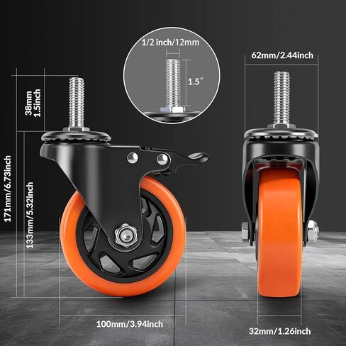 عجلات العجلات، مجموعة عجلات 4 بوصة، مقاس 4.1/2 بوصة - 13 × 1 (قطر المسمار 1/2 بوصة، طول المسمار 1.5 بوصة) عجلات جذعية ملولبة، قفل عجلات دوارة صناعية للأثاث وعربة طاولة العمل in Kuwait