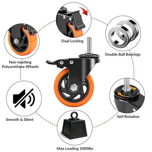 عجلات العجلات، مجموعة عجلات 4 بوصة، مقاس 4.1/2 بوصة - 13 × 1 (قطر المسمار 1/2 بوصة، طول المسمار 1.5 بوصة) عجلات جذعية ملولبة، قفل عجلات دوارة صناعية للأثاث وعربة طاولة العمل in Kuwait