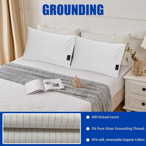 كيس وسادة مؤرض 2 عبوة، 20 × 30، 2 غطاء وسادة مع سلك تأريض بطول 15 قدم، ألياف قطنية فضية ناعمة، تحسين النوم in Kuwait