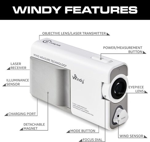 CaddyTalk Windy Laser Golf Rangefinder مع قياس الرياح في الوقت الحقيقي، تقنية التثليث، تكبير 7X، M-Slope2، E-Slope، 0.1–1,093 ياردة، مقاومة للماء IP54، بطارية قابلة للشحن 800 مللي أمبير في الساعة in Kuwait