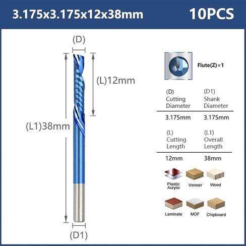 10pcs Single Flute CNC Router Bits 3.175mm Shank Spiral Milling Cutter Blue Coating Carbide End Mill CNC Milling Cutter(3.175x3.175x12mm) in Saudi Arabia