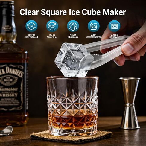 Clear Ice Cube Maker Countertop for Home & Commercial, 3 Crystal 1.6" Ice Cube in 25Mins, Adjustable Ice Thickness, Square Ice Cube Maker Machine with Self-Cleaning for Cocktails, Whiskey & Bourbon in Kuwait