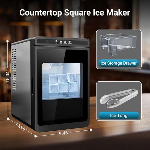 Clear Ice Cube Maker Countertop for Home & Commercial, 3 Crystal 1.6" Ice Cube in 25Mins, Adjustable Ice Thickness, Square Ice Cube Maker Machine with Self-Cleaning for Cocktails, Whiskey & Bourbon in Kuwait