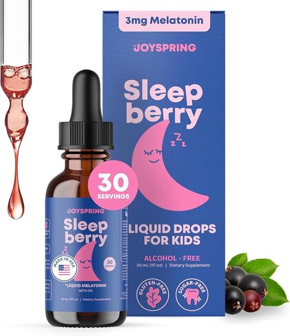 JoySpring Sleepberry Kids Melatonin 3 mg – Liquid Sleep Aid with L Theanine, High Absorption Berry Drops (2 fl oz) 60 Servings, Children's Melatonin with Vitamin D Kids Travel Essentials in Kuwait