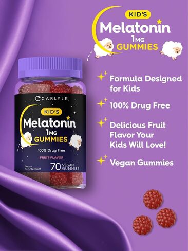 Carlyle Kids Melatonin Gummies | 1 mg 70 Count | Fruit Flavor Gummy | Vegan, Non-GMO, Gluten Free in Kuwait
