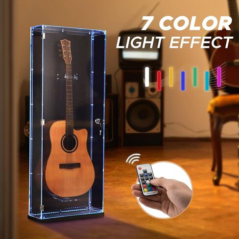 حافظة عرض جيتار صوتي من الأكريليك Starfavor، مثبتة على الحائط، خزانة تخزين جيتار محمية من الأشعة فوق البنفسجية قابلة للقفل مع أضواء LED 7 ألوان، حافظة صلبة للتابوت للجيتار الصوتي SGC-001A in Kuwait